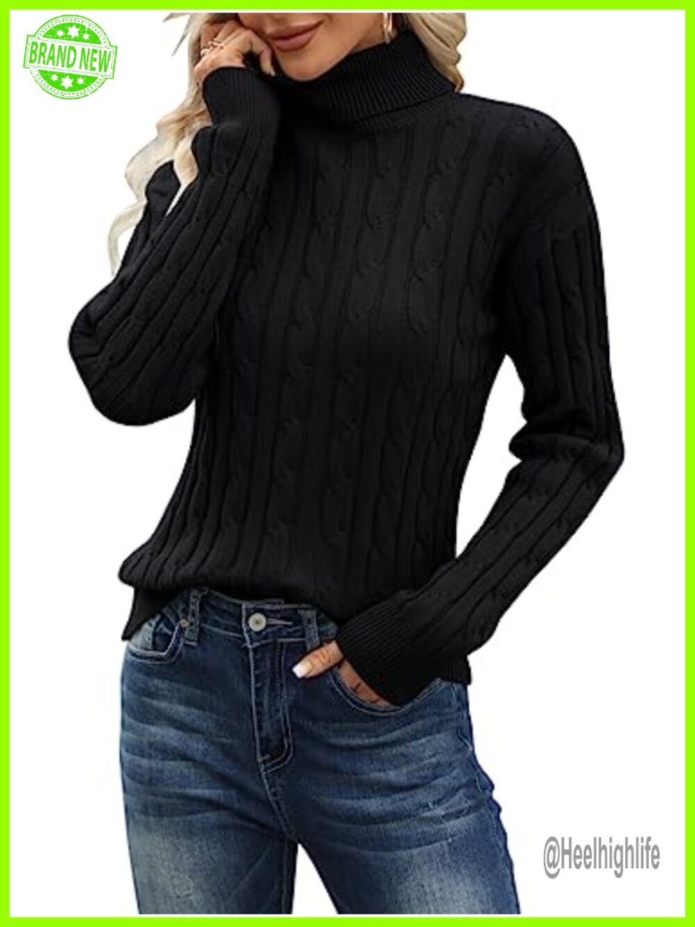 Cable Knit Turtleneck Pullover Sweater Long Sleeve Loose Fit Casual